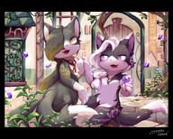 amount:pair atmosphere:fantasy atmosphere:home atmosphere:town body-type:anthro body-type:semi-anthro gems hall-of-fame:bronze hall-of-fame:silver one-sided-hair species:cat style:kawaii style:kemono style:painted style:very-detailed vines // 3741x3008 // 1.0MB