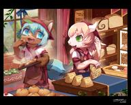 amount:pair apron atmosphere:bakery atmosphere:cafe atmosphere:sunlight atmosphere:town body-type:semi-anthro donut food formal-wear hall-of-fame:bronze lunch-bag species:raccoon style:kemono style:painted style:very-detailed sweets // 3741x3008 // 906KB