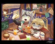 amount:pair atmosphere:cafe atmosphere:restaurant body-type:semi-anthro book bread casual-outfit drink food glasses hall-of-fame:bronze hoodie nerdy pumpkin species:bunny species:cat style:kemono style:painted style:very-detailed sweater sweets // 3741x3008 // 994KB