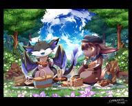 amount:pair atmosphere:fantasy atmosphere:field atmosphere:flowers atmosphere:forest atmosphere:picnic atmosphere:windy body-type:semi-anthro cake carrots drink flower food hall-of-fame:bronze lunch-bag species:unknown style:kemono style:painted style:very-detailed sweets wings // 3741x3008 // 1.3MB