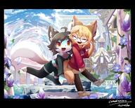 affection amount:pair atmosphere:fantasy atmosphere:flowers atmosphere:regal atmosphere:town body-type:semi-anthro casual-outfit crop-top cuddling freckles glasses hall-of-fame:bronze happy nerdy species:fox style:kemono style:painted style:very-detailed sweater thigh-highs // 3741x3008 // 1.0MB