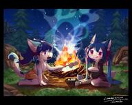 amount:pair atmosphere:forest atmosphere:night body-type:semi-anthro campfire casual-outfit glasses hall-of-fame:bronze marshmallows nerdy species:fox style:dim style:kemono style:lineless style:painted style:very-detailed sweater // 3741x3008 // 990KB