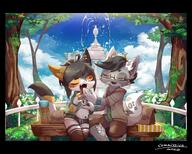 amount:pair atmosphere:forest atmosphere:picnic atmosphere:town body-type:anthro body-type:semi-anthro casual-outfit dolphin-shorts feeding fountain glasses hall-of-fame:bronze hall-of-fame:silver lunch-bag nerdy sandwich species:cat style:kemono style:painted style:very-detailed thigh-highs // 3741x3008 // 1.1MB