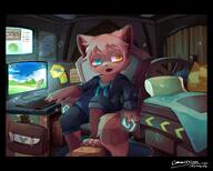 amount:solo atmosphere:bedroom atmosphere:home body-type:anthro body-type:semi-anthro hall-of-fame:bronze heterochromia species:raccoon style:colored-lighting style:dim style:glow style:kemono style:painted style:very-detailed sweater using-computer // 3741x3008 // 732KB