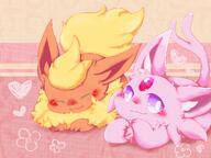 affection amount:pair body-type:feral forehead-gem hall-of-fame:bronze laying-on-belly series:eeveelutions series:pokemon species:espeon species:flareon style:abstract-background style:girly style:playful style:very-playful visibly-shy visual-teasing // 2560x1920 // 2.5MB