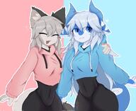 amount:pair body-type:anthro body-type:slim casual-outfit crop-top happy hoodie long-hair species:cat species:shark style:kemono style:outline style:split-background sweater // 2048x1673 // 261KB