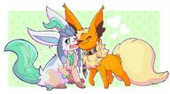 affection amount:pair body-type:feral cheek-rub glasses nerdy pressing-same-body-part-against-each-other scarf series:eeveelutions series:pokemon species:flareon species:fusion species:glaceon species:leafeon style:abstract-background style:playful style:white-border // 1400x783 // 158KB
