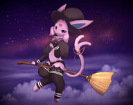 amount:solo atmosphere:clouds atmosphere:halloween atmosphere:space bell body-type:anthro body-type:slim forehead-gem series:eeveelutions series:pokemon species:espeon style:kemono thigh-highs wearing-bow witch // 2000x1571 // 425KB