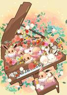 amount:multiple atmosphere:flowers body-type:feral flower hall-of-fame:bronze hall-of-fame:silver instrument piano plants series:pokemon species:eevee species:shiny-pokemon style:girly style:kawaii style:playful style:very-playful style:watercolor // 1448x2048 // 563KB