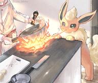 amount:pair atmosphere:kitchen atmosphere:powerful body-type:feral body-type:humanoid cooking hall-of-fame:bronze series:eeveelutions series:pokemon species:flareon species:human style:painted // 1537x1310 // 404KB