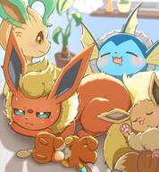amount:multiple atmosphere:home blep body-type:feral content drooling hall-of-fame:bronze series:eeveelutions series:pokemon sleeping species:eevee species:flareon species:leafeon species:vaporeon style:intentional-blur style:kawaii // 1258x1354 // 188KB