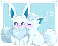 affection amount:pair body-type:feral embarrassed kissing pressing-same-body-part-against-each-other series:pokemon species:alolan-vulpix species:eevee species:shiny-pokemon style:abstract-background style:blue style:pastel-colors visibly-shy // 1900x1500 // 170KB