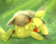 affection amount:pair atmosphere:field atmosphere:forest atmosphere:sunlight body-type:feral body-type:semi-anthro cuddling nomming series:pokemon species:eevee species:pikachu style:sunrays // 1892x1495 // 176KB