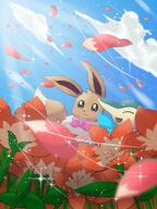 amount:pair atmosphere:fantasy atmosphere:field atmosphere:flowers atmosphere:petals atmosphere:windy body-type:feral flower hall-of-fame:bronze series:pokemon species:cyndaquil species:eevee style:girly style:intentional-blur style:kawaii style:sparkly wearing-bow // 1200x1600 // 225KB