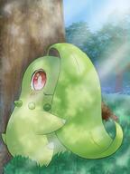 amount:solo atmosphere:field atmosphere:forest atmosphere:sunlight body-type:feral hair-blocking-eye species:chikorita style:kawaii style:one-color style:painted style:sunrays // 1200x1600 // 182KB