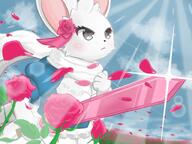 amount:solo atmosphere:anime atmosphere:field atmosphere:flowers atmosphere:petals atmosphere:powerful atmosphere:sunlight body-type:anthro dress flower scarf species:unknown style:kawaii style:kemono style:sunrays sword weapon // 1600x1200 // 204KB