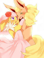 amount:pair body-type:anthro embarrassed feminine flower series:eeveelutions series:pokemon species:flareon species:jolteon style:girly style:kawaii style:kemono style:very-kawaii touching-paws visibly-shy wearing-flower wedding-dress // 399x518 // 37KB