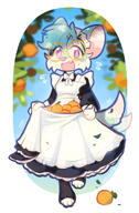 amount:solo atmosphere:farm atmosphere:field body-type:anthro food fruit glasses maid nerdy orange-(fruit) outfit species:fox style:kemono wearing-bow // 768x1169 // 132KB