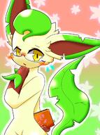 amount:solo body-type:anthro book glasses nerdy series:eeveelutions series:pokemon species:leafeon style:kawaii style:kemono style:old style:outline visibly-shy // 764x1024 // 106KB