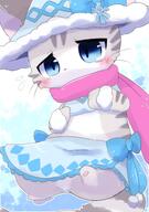 amount:solo atmosphere:snowy body-type:semi-anthro hat nervous scarf skirt species:cat style:kawaii visibly-shy winter-clothes // 2886x4096 // 675KB