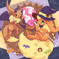amount:pair atmosphere:fancy atmosphere:halloween bat-wings body-type:feral candy hat outfit series:eeveelutions series:pokemon species:eevee species:flareon style:kawaii wearing-bow // 2400x2400 // 658KB