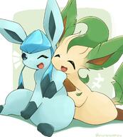 affection amount:pair body-type:feral body-type:slightly-chubby cuddling hall-of-fame:bronze series:eeveelutions series:pokemon species:glaceon species:leafeon style:abstract-background style:kawaii style:pastel-colors style:playful wink // 3303x3670 // 586KB