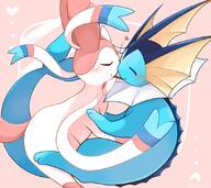 affection amount:pair body-type:feral cuddling kissing pocky pressing-same-body-part-against-each-other romance series:eeveelutions series:pokemon sharing-pocky species:sylveon species:vaporeon style:girly style:pastel-colors // 900x800 // 792KB