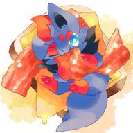amount:solo bacon body-type:feral bread cheese eating food hall-of-fame:bronze nomming species:zorua style:kawaii style:painted // 1000x1000 // 142KB
