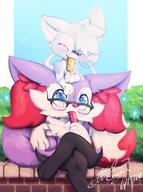 amount:pair atmosphere:town body-type:semi-anthro crossed-legs eating glasses nerdy popsicle species:braixen species:cat // 746x1000 // 101KB