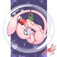 amount:solo atmosphere:christmas body-type:feral christmas-clothing hat in-bubble mistletoe species:mew style:kawaii // 1000x1000 // 109KB