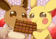 amount:pair atmosphere:valentines-day body-type:feral chocolate hall-of-fame:bronze series:pokemon species:eevee species:pikachu style:abstract-background style:girly style:kawaii style:playful // 2048x1440 // 208KB