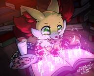 amount:solo atmosphere:fantasy atmosphere:powerful atmosphere:studious body-type:feral book cookies drink food freckles hall-of-fame:bronze hall-of-fame:silver magic milk nerdy scarf species:fennekin style:glow style:kawaii style:painted sweets // 1250x1000 // 180KB