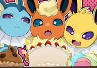 amazed amount:multiple body-type:feral cake food hall-of-fame:bronze kawaii-eyes macarons series:eeveelutions series:pokemon species:flareon species:jolteon species:vaporeon style:abstract-background style:kawaii style:outline sweets // 2048x1440 // 314KB