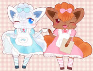 amount:pair atmosphere:cafe body-type:anthro body-type:semi-anthro maid outfit species:alolan-vulpix species:vulpix style:detailed-pattern style:kemono thigh-highs // 1870x1424 // 519KB
