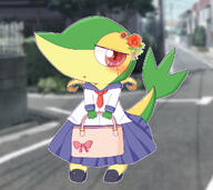 amount:solo atmosphere:town body-type:semi-anthro feminine flower outfit schoolgirl-outfit species:snivy style:girly style:intentional-blur style:kawaii style:outline wearing-flower // 1008x900 // 165KB