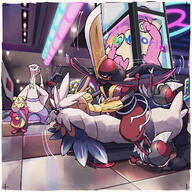 amount:multiple amount:pair atmosphere:mall body-type:anthro body-type:feral body-type:semi-anthro species:kingambit species:mienfoo species:mienshao style:futuristic style:painted // 1850x1850 // 2.7MB