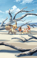 amount:pair atmosphere:beach atmosphere:sunlight berries body-type:feral hall-of-fame:bronze hall-of-fame:silver series:pokemon species:eevee species:krabby // 1492x2357 // 1.6MB