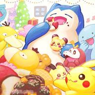 amount:multiple atmosphere:christmas body-type:overweight donut eating food hall-of-fame:bronze hall-of-fame:silver species:fuecoco species:pikachu species:psyduck species:quagsire species:snorlax style:intentional-blur style:noisy style:playful style:very-playful sweets // 2048x2048 // 682KB