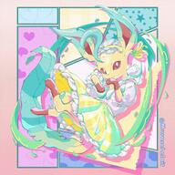 amount:solo body-type:feral dress outfit series:eeveelutions series:pokemon species:leafeon style:chromatic-aberration style:dithering style:girly style:pastel-colors style:pop // 2048x2048 // 897KB