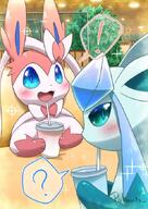 amount:pair atmosphere:restaurant body-type:feral body-type:semi-anthro drink series:eeveelutions series:pokemon species:glaceon species:sylveon style:girly style:sparkly // 482x680 // 90KB