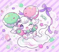 amount:solo atmosphere:assorted-objects atmosphere:frilly-background body-type:feral candy food hall-of-fame:bronze hall-of-fame:silver happy species:unknown style:girly style:kawaii style:outline style:pastel-colors style:playful style:pop style:striped-background sweets wearing-bow wink // 2048x1819 // 412KB