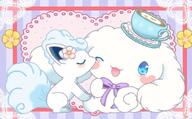 affection amount:pair atmosphere:frilly-background body-type:feral body-type:semi-anthro character:cinnamoroll feminine flower hall-of-fame:bronze kissing pressing-same-body-part-against-each-other species:alolan-vulpix species:bunny style:abstract-background style:girly style:kawaii style:playful style:striped-background wearing-flower // 643x400 // 40KB