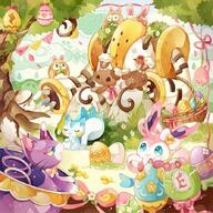 amount:multiple atmosphere:easter atmosphere:forest body-type:feral hall-of-fame:bronze series:eeveelutions series:pokemon species:buneary species:foongus species:pachirisu species:rowlet species:sylveon style:playful // 700x700 // 124KB