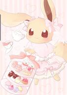 amount:solo body-type:feral body-type:semi-anthro dress food outfit series:pokemon species:eevee species:shiny-pokemon style:girly style:playful style:striped-background sweets tea wearing-bow // 1080x1529 // 111KB