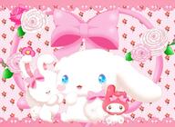 affection amount:multiple atmosphere:flowers atmosphere:frilly-background body-type:semi-anthro character:cinnamoroll character:my-melody flower hall-of-fame:bronze kissing pressing-same-body-part-against-each-other species:bunny style:girly style:kawaii style:playful style:very-girly style:very-playful wearing-bow // 3340x2444 // 536KB