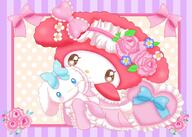 amount:pair body-type:semi-anthro character:my-melody dress feminine flower hall-of-fame:bronze holding-object outfit plush species:bunny style:girly style:kawaii style:playful style:striped-background style:very-playful wearing-bow wearing-flower // 1390x990 // 158KB
