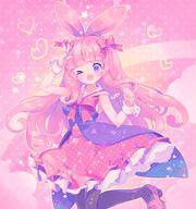 amount:solo atmosphere:dreamy body-type:anthro body-type:humanoid body-type:slim dress hall-of-fame:bronze hall-of-fame:silver long-hair species:human style:dithering style:girly style:kawaii style:pastel-colors style:playful style:very-girly style:very-kawaii style:very-playful thigh-highs wearing-bow wink // 843x900 // 835KB