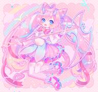 amount:solo body-type:humanoid hall-of-fame:bronze hall-of-fame:silver long-hair magical-girl outfit scythe skirt species:human style:dithering style:girly style:one-color style:pastel-colors style:pink style:pop thigh-highs wearing-bow // 900x849 // 712KB