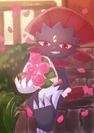 amount:solo atmosphere:flowers atmosphere:petals atmosphere:town body-type:anthro body-type:semi-anthro flower forehead-gem hall-of-fame:bronze rose species:weavile style:kawaii style:painted // 1000x1427 // 144KB