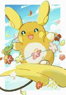 amount:pair amount:solo atmosphere:flowers atmosphere:petals body-type:semi-anthro flower species:alolan-raichu species:comfey style:kawaii style:white-border // 640x918 // 82KB